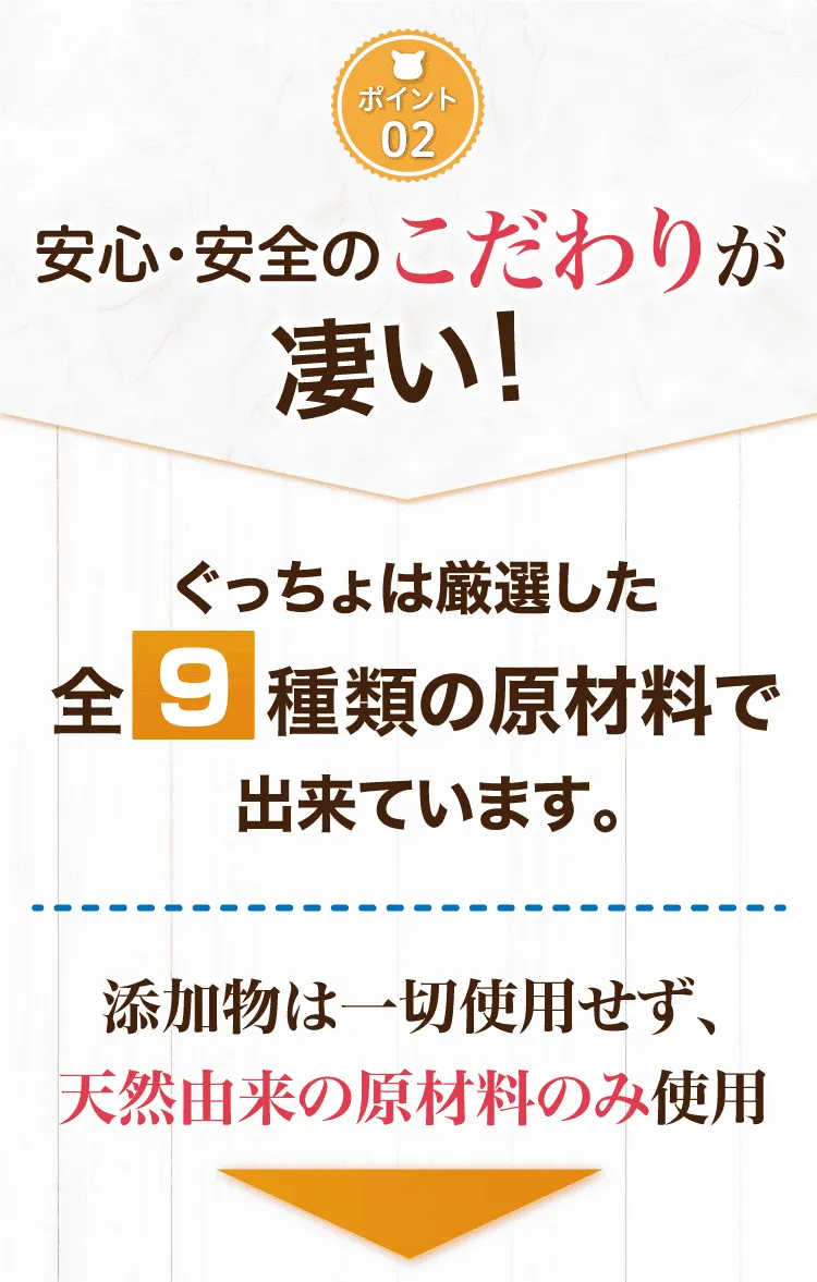 安心安全のこだわりが凄い！ぐっちょは厳選した全10種類の原材料で出来ています。